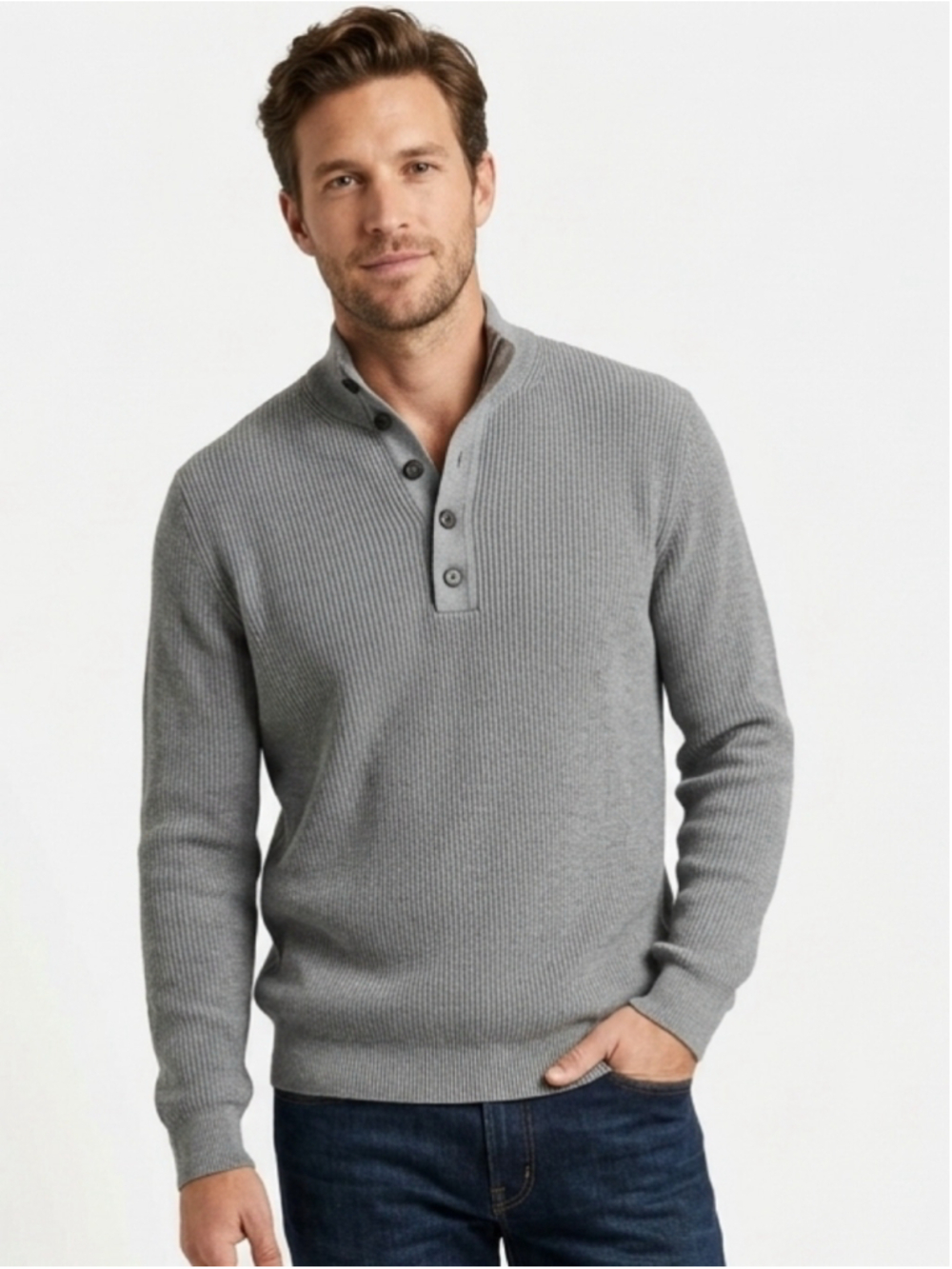 Banana Republic Men Gray Ribbed Knit Mock Neck Henley Sweater Cotton XL - 950